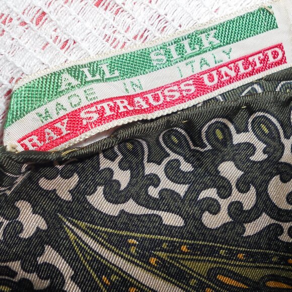 Vtg Ray Strauss All Silk Scarf Olive Golden Yellow Italy - Picture 4 of 5